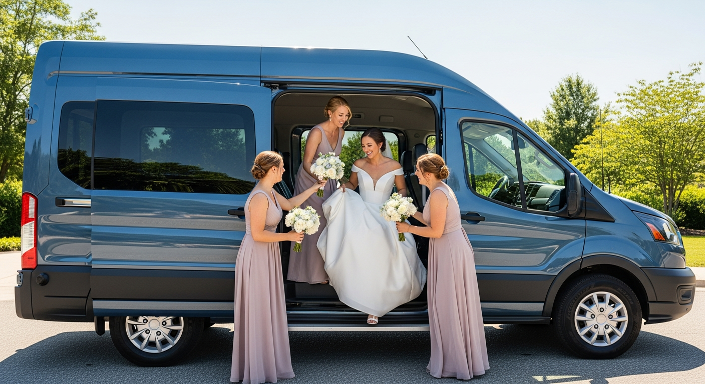 Wedding party boarding a ParkIt Transportation shuttle